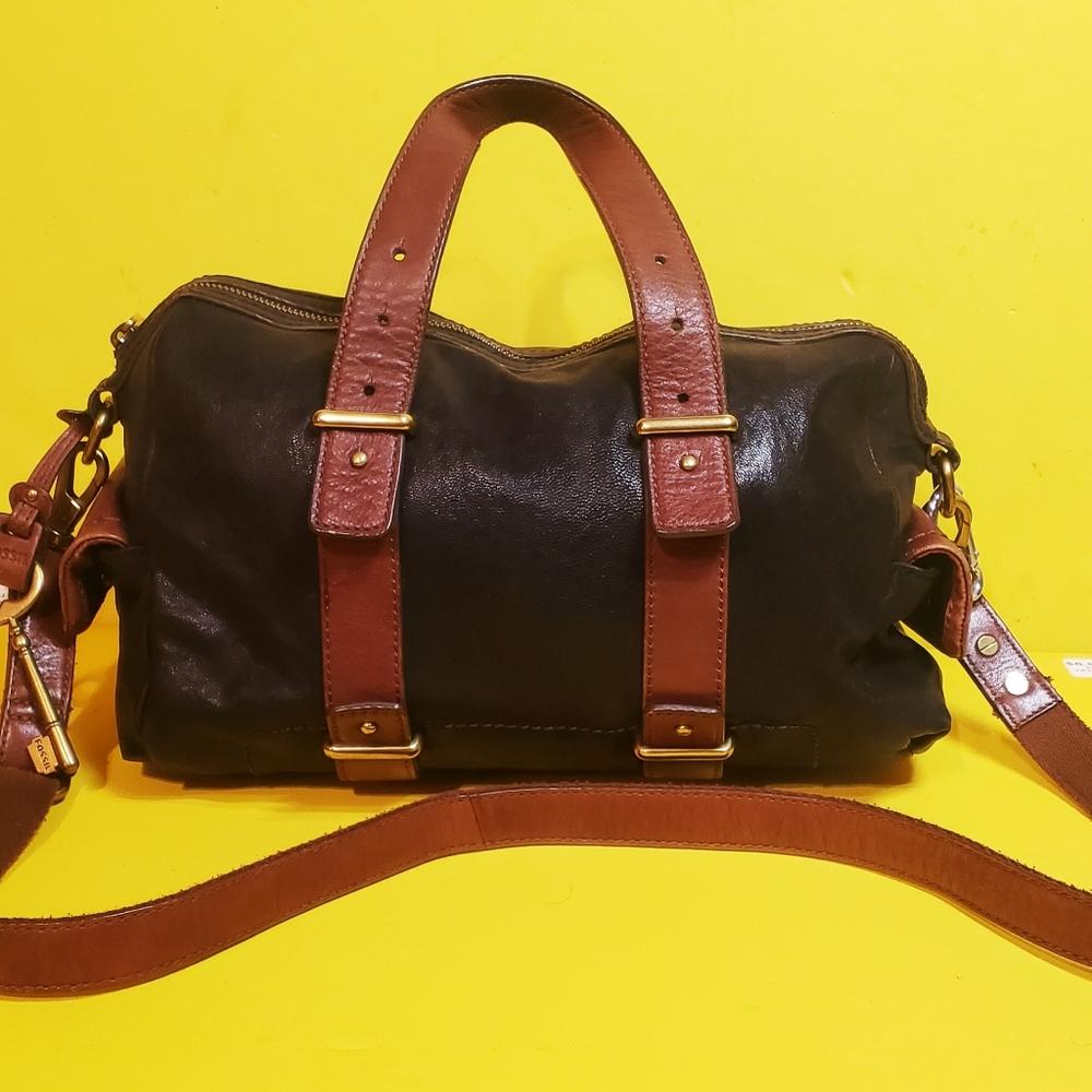 FOSSIL Mason Satchel Purse Black Brown Leather Crossbody Strap Shoulder